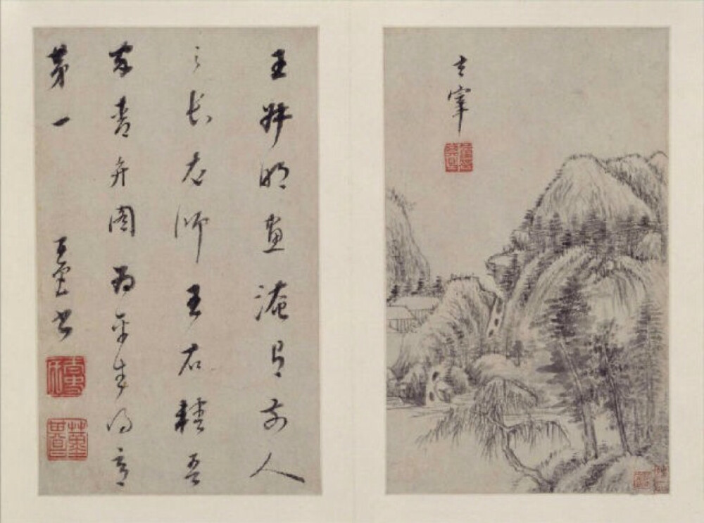 董其昌《山水画册》为其中年山水精品，现藏北京故宫博物院，共十开，每开品评前代大师，仿其笔意，用书法作画，尤以其擅长的行书笔意融于画中，深得各家精髓，出入各家画法，自在无碍。笔墨松秀含蓄，灵逸潇洒，富有韵味。意境萧闲冲淡，幽远静美。