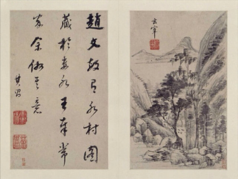 董其昌《山水画册》为其中年山水精品，现藏北京故宫博物院，共十开，每开品评前代大师，仿其笔意，用书法作画，尤以其擅长的行书笔意融于画中，深得各家精髓，出入各家画法，自在无碍。笔墨松秀含蓄，灵逸潇洒，富有韵味。意境萧闲冲淡，幽远静美。