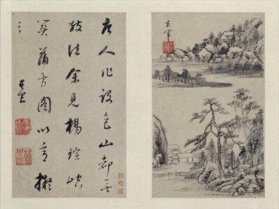 董其昌《山水画册》为其中年山水精品，现藏北京故宫博物院，共十开，每开品评前代大师，仿其笔意，用书法作画，尤以其擅长的行书笔意融于画中，深得各家精髓，出入各家画法，自在无碍。笔墨松秀含蓄，灵逸潇洒，富有…