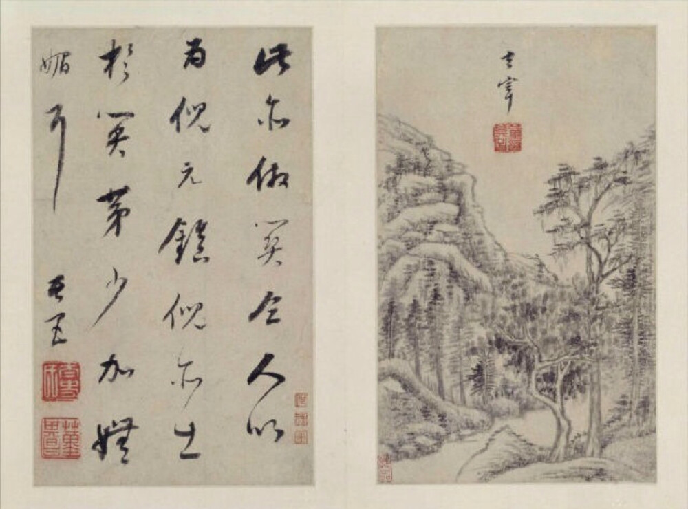 董其昌《山水画册》为其中年山水精品，现藏北京故宫博物院，共十开，每开品评前代大师，仿其笔意，用书法作画，尤以其擅长的行书笔意融于画中，深得各家精髓，出入各家画法，自在无碍。笔墨松秀含蓄，灵逸潇洒，富有韵味。意境萧闲冲淡，幽远静美。