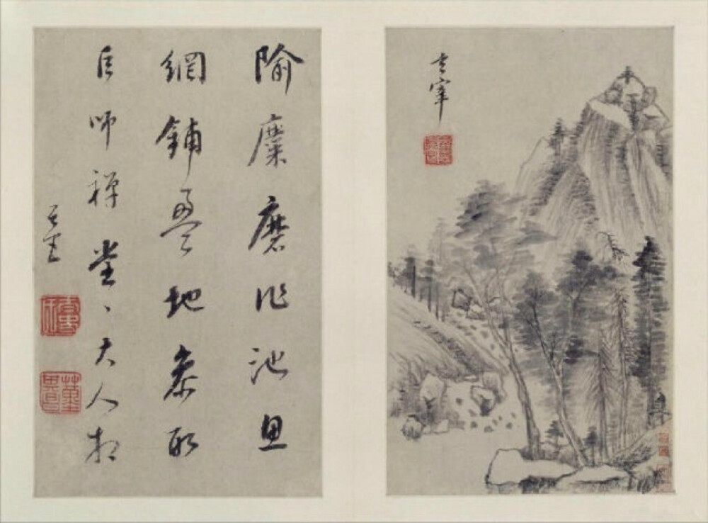 董其昌《山水画册》为其中年山水精品，现藏北京故宫博物院，共十开，每开品评前代大师，仿其笔意，用书法作画，尤以其擅长的行书笔意融于画中，深得各家精髓，出入各家画法，自在无碍。笔墨松秀含蓄，灵逸潇洒，富有韵味。意境萧闲冲淡，幽远静美。