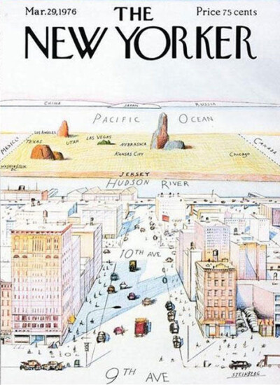 第4名，1976年3月《The New Yorker》。一张用彩色蜡笔画的纽约城，画的视角是从第九大道的空中往西看，你可以看到哈得逊河（the Hudson River）、新泽西州（New Jersey）、堪萨斯（Kansas City），然后是太平洋和日…