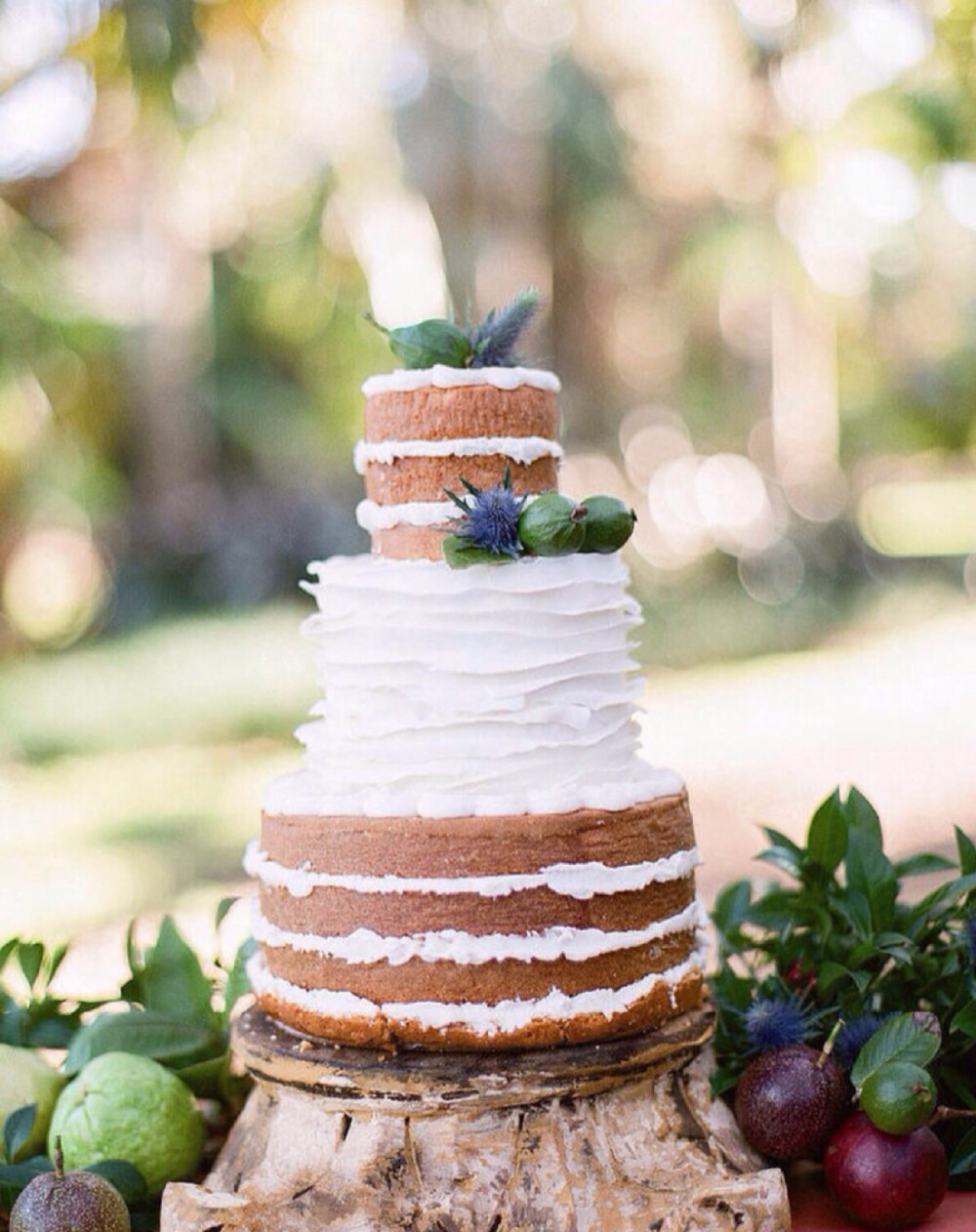 “裸蛋糕”通常只简单的搭配鲜花、绿叶和水果装扮即可，没有翻糖照样美！田园婚礼甜点专属裸蛋糕，充满清新的味道！
