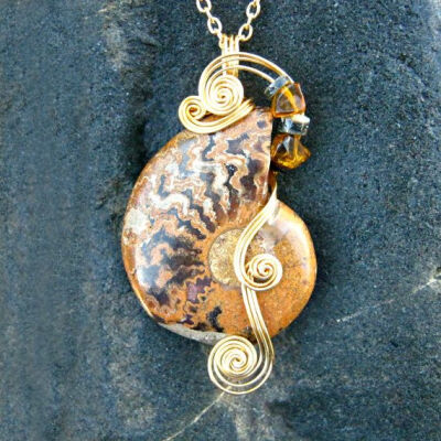 Wire Wrapped Pendant - Brown Ammonite Fossil Necklace in Gold Toned Silver Plate