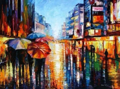 即使是雨天，依然可以绚烂美丽，来自白俄罗斯画家Leonid Afremov的作品，其作品主要用调色刀与天然油料的搭配在画布上作画。以刀作画，他的绘画技巧、色彩上的层次运用纯熟浑厚， 令人惊叹。