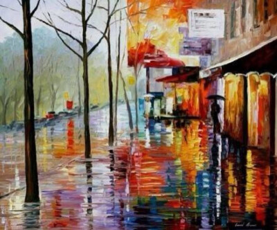 即使是雨天，依然可以绚烂美丽，来自白俄罗斯画家Leonid Afremov的作品，其作品主要用调色刀与天然油料的搭配在画布上作画。以刀作画，他的绘画技巧、色彩上的层次运用纯熟浑厚， 令人惊叹。