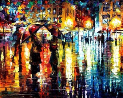 即使是雨天，依然可以绚烂美丽，来自白俄罗斯画家Leonid Afremov的作品，其作品主要用调色刀与天然油料的搭配在画布上作画。以刀作画，他的绘画技巧、色彩上的层次运用纯熟浑厚， 令人惊叹。