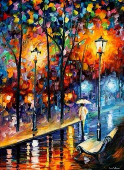 即使是雨天，依然可以绚烂美丽，来自白俄罗斯画家Leonid Afremov的作品，其作品主要用调色刀与天然油料的搭配在画布上作画。以刀作画，他的绘画技巧、色彩上的层次运用纯熟浑厚， 令人惊叹。