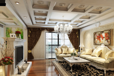 华丽额欧式家居展示，经典的欧式装修风格，选用了复杂奢华的轮廓造型，无论是沙发、茶几还是别致的电视背景墙都显得格外的奢华感 。