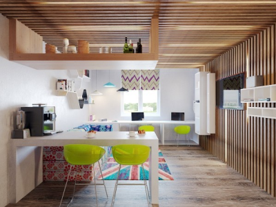 别致的简约设计小吧台，与创意的吊柜相互呼应，两者的设计显得格外的创意，同时实木吊柜（http://www.xiugei.com/guagui/shimu/）的设计丰富了整个客厅的上层空间，让整个空间显得更加的饱和与温馨，独特的实木条墙…