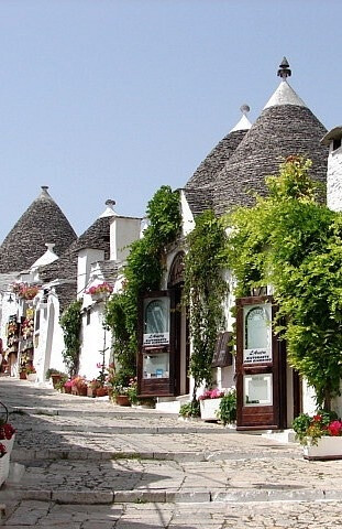 Trulli in Alberobello, Bari, Puglia, Italy。阿尔贝罗贝洛是意大利普利亚大区巴里省的一个小城，城内圆锥形房顶的特鲁洛建筑(trullo,复数为trulli)世界知名，1996年被联合国教科文组织列为世界文化遗产。特鲁洛的特色是墙壁用石灰涂成白色，屋顶则用灰色的扁平石块堆成圆锥形。据说是当地人为了逃税而造，收税时就把屋顶拆掉，表示这里没有人居住。