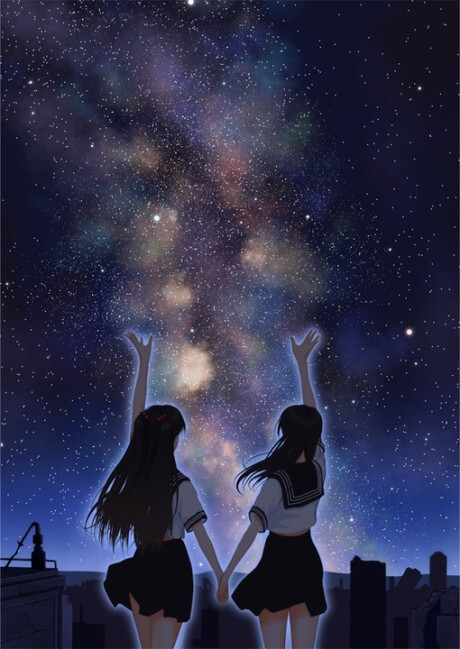 二次元 少女 百合 星空 夜空 高中生 插画 动漫 唯美 壁纸 背影