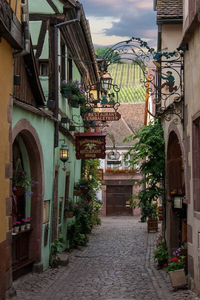 【法国--利克威尔】Riquewihr, Alsace, France。酒城利克威尔是法国阿尔萨斯大区（Alsace）的小镇，距北部的科尔玛（Colmar）15公里。座落在酒乡之路旁边的一处山谷中，整个小城寻觅不到一丝现代建筑的痕迹，仿佛历…
