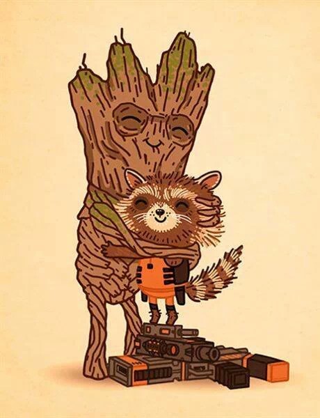 fanpop网上收集的“干脆面和树人Rocket and Groot”系列，特别萌，可能来自不同画手，无水印。