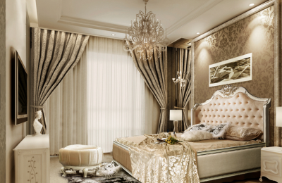 奢华的欧式质感家居卧室效果展示，一款床、一张床尾凳、一盏灯便轻松的营造了整个奢华的欧式家居景象；