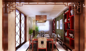 中式的餐厅设计，大胆地运用了红色作为其背景墙摆架的色彩，用于摆放具有中式传统意义的花瓶、铜器等工艺品，深绿色的餐厅壁纸的选用将两幅白色的装饰画现代更加的突兀；