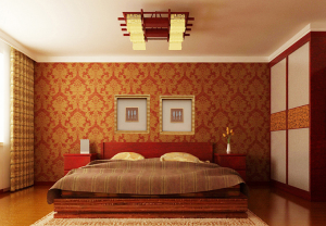 中式卧房设计，一款精致的中式吊灯显得格外的应景，带着浓郁喜庆色彩的大马士革壁纸让白色的墙体显得格外的温馨与时尚，家居选用实木深红色作为我市的主要色彩，是婚房的不错选择；