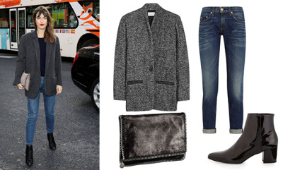 Eileen Fisher One Butten Coat $378 Rag &amp;amp;Bone Denim Capri Pants $198 Stuart Weitzman Ankle Boot $498 Stella McCartney Clutch Bag $925 http://www.fashionmoon.com/fashion-dapei-32_1026.htm