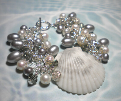 Sea Shell Surfer Bracelet | Gray Seashell Bracelet Platinum Freshwater Pearls