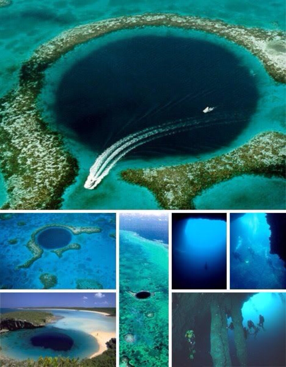 大蓝洞（Great Blue Hole）为一石灰岩洞、全世界最大的水下洞穴，位于中美洲伯利兹外海约60哩（96.5公里）的大巴哈马浅滩的海底高原边缘的灯塔暗礁， （Lighthouse Reef），形成于海平面较低的冰河时代末期，据说深达125米。后来因为海水上升，洞顶随之塌陷，遂变成水下石灰石坑洞穴。