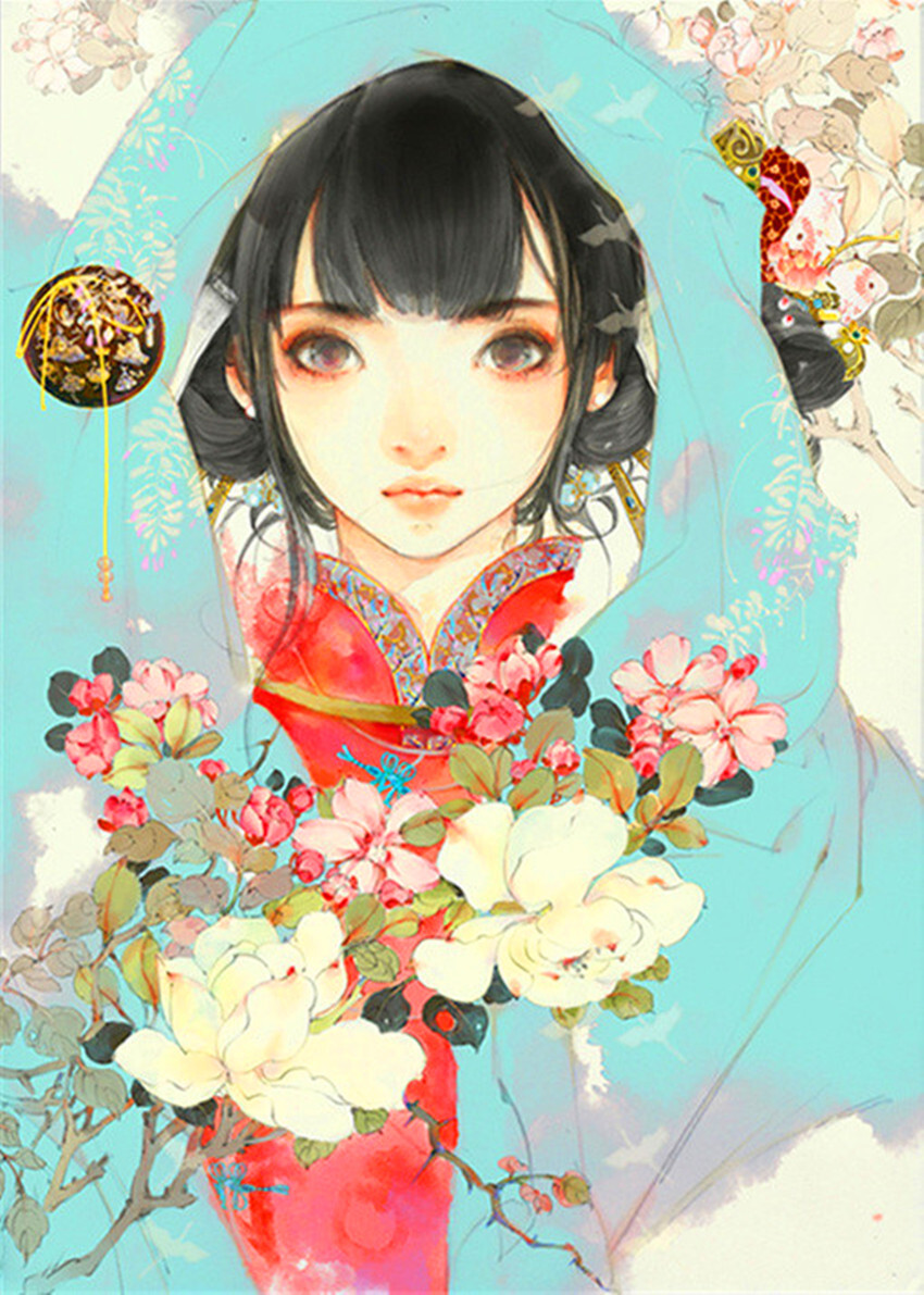 婚嫁新娘水彩古风古韵古装美人手绘言情风小说美腻素材壁纸插画