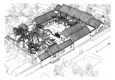 郑希成绘【传统外衣现代囊】 东城区建国门内宝盖胡同3号 这是一座保存很好的宅院。广亮大门，外院为花园。北房与东西房不对称，但是经巧妙设计安排，让人感觉是方正对称的宅院。 此院是在清末民初将洗澡间、舞厅之类…