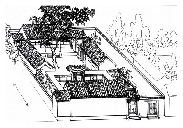 郑希成绘【格扇二门独此家】 西城区复兴门内大街58号 2002年8月15日 据西屋老住户徐梅介绍，此宅曾是袁世凯侄子的住宅。此院以南为上，但所有房屋均高大齐整，保存完好，是一所很好修复的四合院。平廊的望板上绘有勾子莲及团福寿字，它的格扇二门在京城民居中也很罕见。 已拆除。