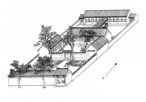 郑希成绘【宽敞外院有豪情】 西城区复兴门内察院胡同25号 一般四合院大门与二门之间是狭长小院。此院不同，一进院是一片宽广平地。  二门内是住宅，进内院后，有正厅与东西厢房，正厅三间，与五间北房之间有穿廊相连，平面构成工字形。这种工字形平面是宋元寺庙官衙府邸所流行的。北京民居很少见到这种布局，但大的衙署府邸还能看到，如《加摹乾隆京城全图》所示。