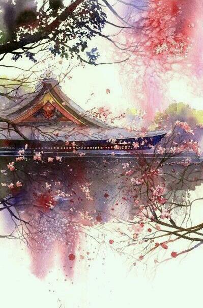 隔江犹唱庭花 古风雅韵 背景 壁纸 素材 插画水彩 古画 水墨