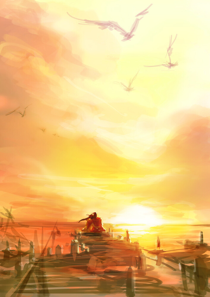 夕阳尽古风雅韵背景壁纸素材插画水彩古画水墨