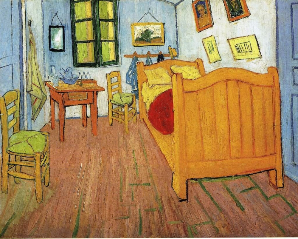 《阿尔勒的卧室》1888这张卧室画是一幅很重要的作品，它表现了梵高内心世界中的一些东西。其中所突出的宁静与睡眠把这幅卧室图与梵高不稳定与疲惫的精神状态联系了起来。在给威尔的信中，&amp;quot;空荡荡的卧室&amp;quot;的说法表明了他的孤独和希望有人陪伴的愿望。不过，我们也可以把它看成跟画室和客房一样，仅仅是围绕宁静和亲切的主题，装饰起来的另一种用途的环境。床头的墙上挂着一幅自然风景画，与之相连的另一面墙上挂着两排画:下面一排是一张模糊难辨的肖像和一张风景画，上面一排是两张肖像。在