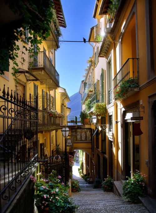 Bellagio, Lake Como, Italy. 意大利科莫湖贝拉焦(碧堤半岛)，是科莫湖的明珠，也是很多游客游意大利湖区必去的小镇。贝拉焦是一个梦一般的佳境，它掩映在俯瞰科莫湖两处水湾的起伏不平的岬角上。其名称来自意大利语bi -lacus，意为“位于两湖之间”。村庄的秀丽景色堪称无与伦比，那鹅卵石铺成的独特街道以及塞尔贝洛尼别墅和梅尔齐一德埃里尔别墅的花园与意大利任何同类景点一样漂亮精致。