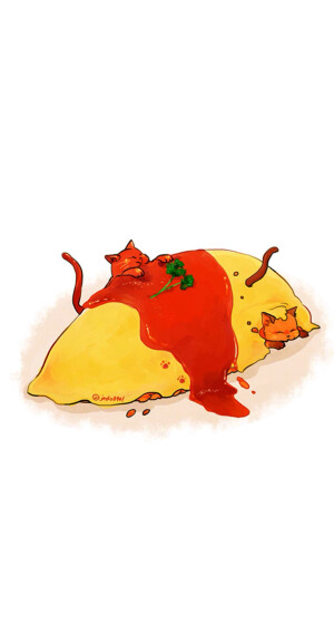 日本网友白地図画的一组日式小清新猫咪美食。看着看着就觉得自己的下午也慵懒了～ 咖喱饭 插画 小清新 猫咪 美食 日本 草莓 甜品 日语 オムライス 蛋包饭 @濑川日语整理发布