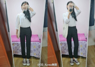 韩国搭配 韩风 衬衣 哈伦裤