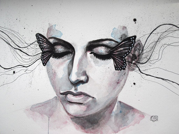 意大利Erica Dal Maso水彩肖像插画 蝴蝶睫