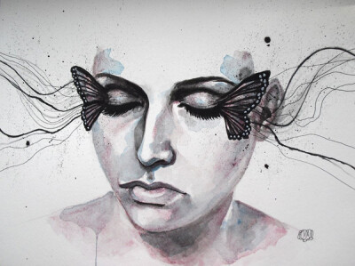 意大利Erica Dal Maso水彩肖像插画 蝴蝶睫