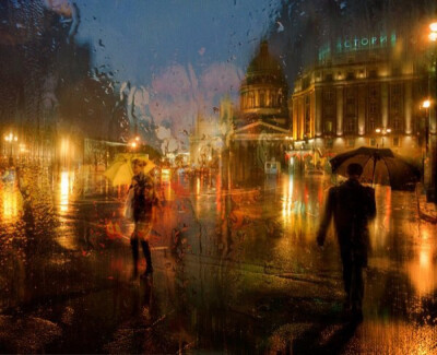 Eduard Gordeev，俄罗斯摄影师，现居圣彼得堡，他拍摄的一系列都市雨季摄影作品，描述的是多雨的城市景观，人们打着雨伞漫步于城市街头，乍看犹如油画一般唯美。