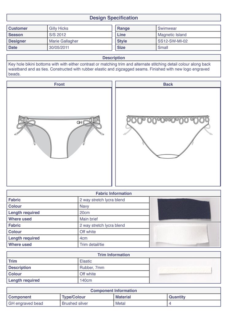 Bikini bottoms basic technical specification #swimwear by Marie Gallagher