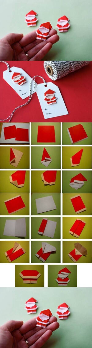 【聖誕企劃之折紙聖誕老公公】：利用紅色背面白色的色紙，折成一個可愛的耶誕老人，貼在卡片上創意十足。來源http://www.usefuldiy.com/diy-cute-paper-santa-claus/