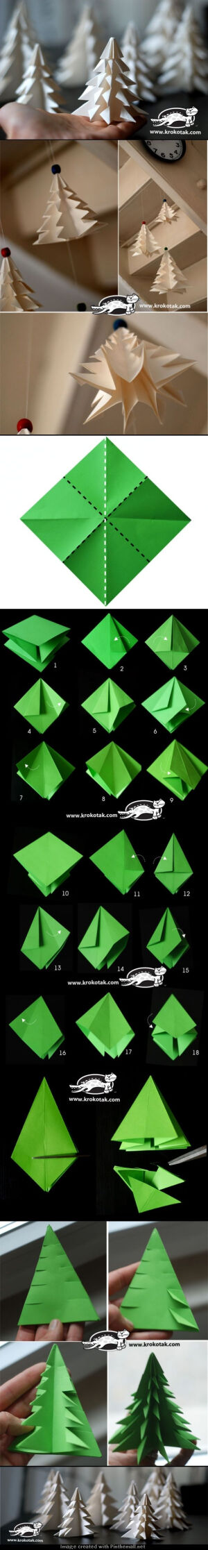【聖誕企劃之折紙聖誕樹】利用色紙和剪刀，就可以做出相當應景的聖誕樹，簡單又不用花錢的好看裝飾品。來源http://krokotak.com/2013/11/fold-a-fir-tree/