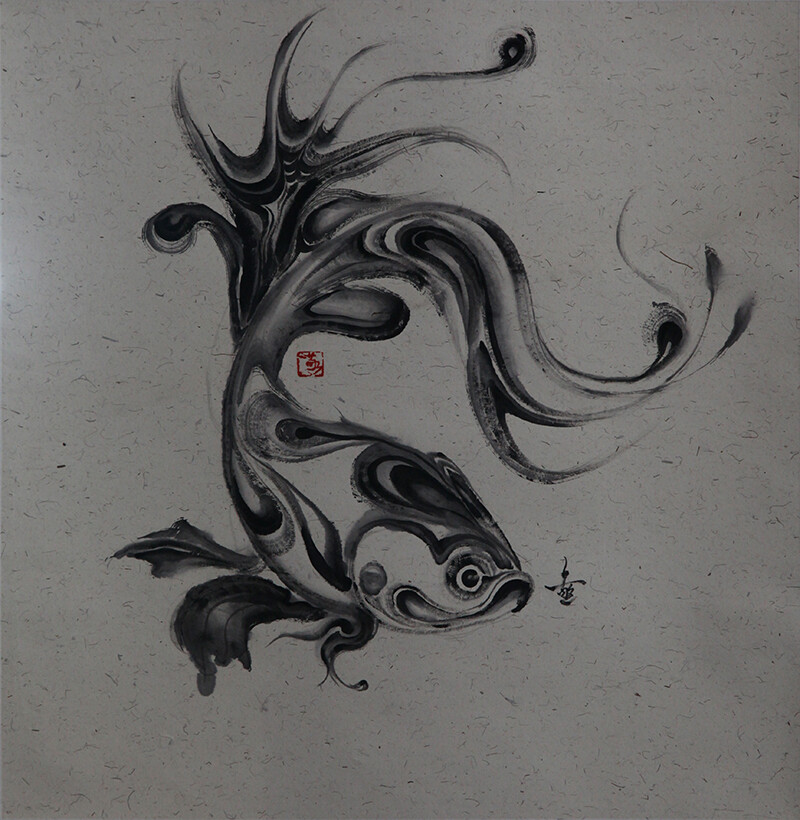 zhu jingyi 朱敬一 游鱼swimming fish ,60x60cm,纸上水墨 ink on