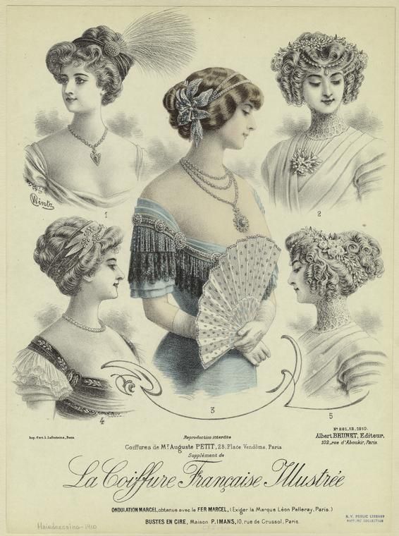 Various hairstyles for evening, 'La Coiffure Française Illustrée', 1910.