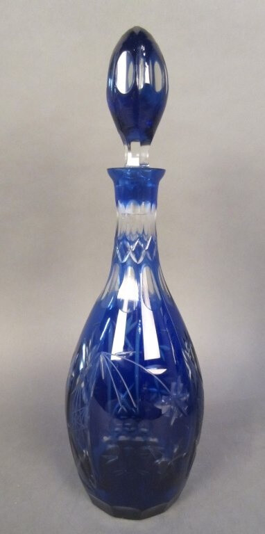 Antique Colbalt Bohemian Cut to Clear Glass Decanter