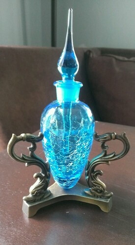 Blue Crackled Glass Collectible Perfume Bottle and Stand Amazing Cond | eBay