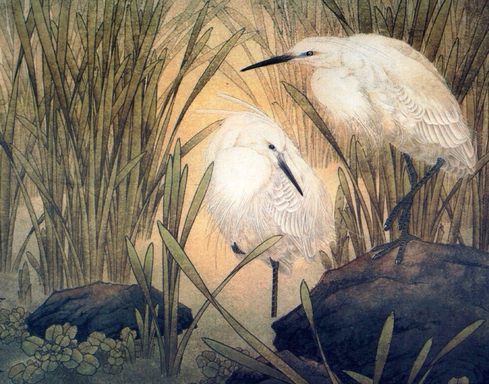 图为旅美收藏家翁万戈的作品《暮》。纵然白鸟（鹭鸶）是长着翅膀的，人们也希望它所代表的幸福能悄悄落下，直到心底。