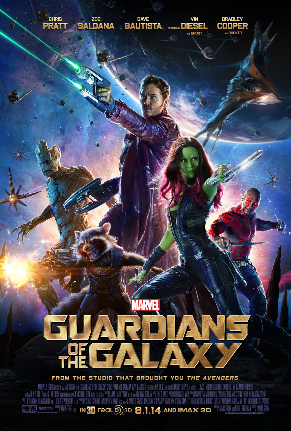 《银河护卫队 Guardians of the Galaxy》导演：詹姆斯·古恩 James Gunn 主演：克里斯·普拉特 Chris Pratt 佐伊·索尔达娜 Zoe Saldana 布莱德利·库珀 Bradley Cooper 范·迪塞尔 Vin Diesel 情节很搞笑，视觉效果很赞，关键是树人和干脆面君萌萌哒~~然后树人，啊呀呀，真是又呆萌又强大，最后的小树人让我超级想拐带一盆啊啊啊