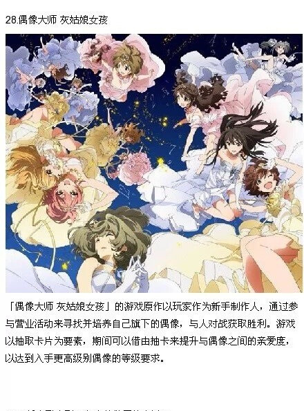 #2015年一月新番28/ 「偶像大师灰姑娘女孩」的游戏原作以玩家作为新手制作人，通过餐与营业活动来寻找并培养自己旗下的偶像，与人对战获取胜利。游戏已抽取卡片为要素，期间可以藉由抽卡来提升偶像之间的亲爱度，以达到入手更高级别偶像的等级要求。