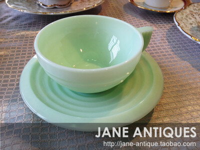 1930年欧洲新装饰风经典款式老玻璃咖啡杯 茶杯 翠绿色玻璃杯带碟