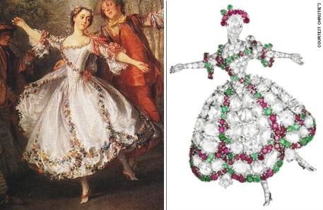 The Camargo Brooch, made in 1942, com­bines plat­inum, dia­monds, rubies and emer­alds for a clas­sic Van Cleef &amp;amp; Arpels bal­let design. The paint­ing above of Marie Camargo, La Camargo Dan­cing, was cre­ated around 1730 by Nic­olas Lan­cret (1690–1743). Photo courtesy of Christie’s