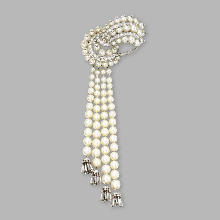 PLATINUM, CULTURED PEARL AND DIAMOND TASSEL CLIP-BROOCH, VAN CLEEF ARPELS,